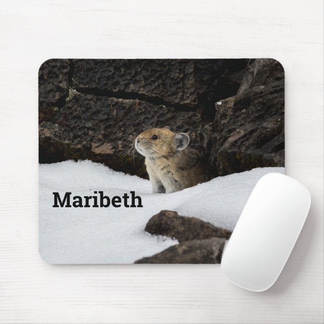 Pika i snön med DITT NAMN Musmatta (Med mus)