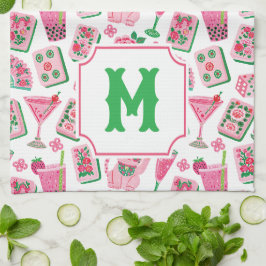 Pikant Chic Rosa & Grön Mahjong-fest Monogram Kökshandduk