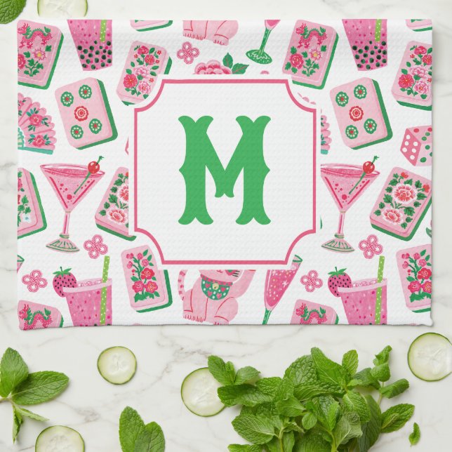 Pikant Chic Rosa & Grön Mahjong-fest Monogram Kökshandduk (Vikta)