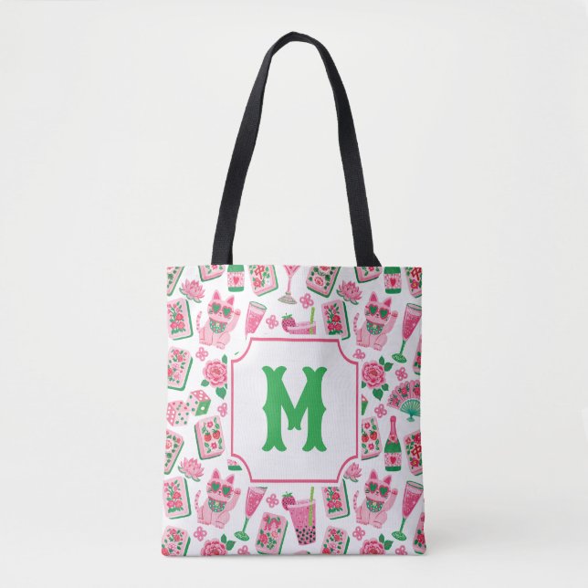 Pikant Chic Rosa & Grön Mahjong-fest Monogram Tygkasse (Framsida)
