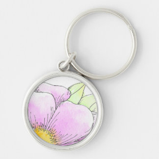 Pikant Rosa Akvarellblomma Rund Silverfärgad Nyckelring