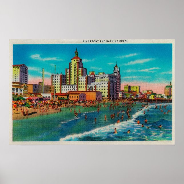 Pike Front and Bathing Beach, Long Beach Poster (Framsidan)