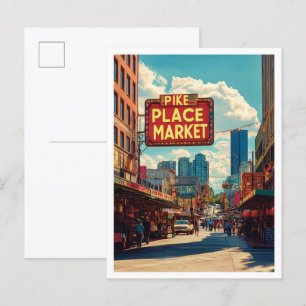 Pike Ställe market Seattle Illustration Travel Vykort