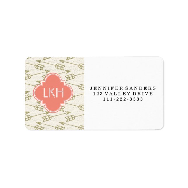 Pil Guld Glitter Mönster | Coral Monogram Adressetikett (Framsidan)
