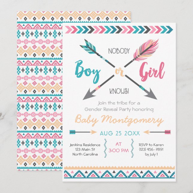 Pilar Gender Reveal Party bjudan Feathers Boh Inbjudningar (Fram/baksida)