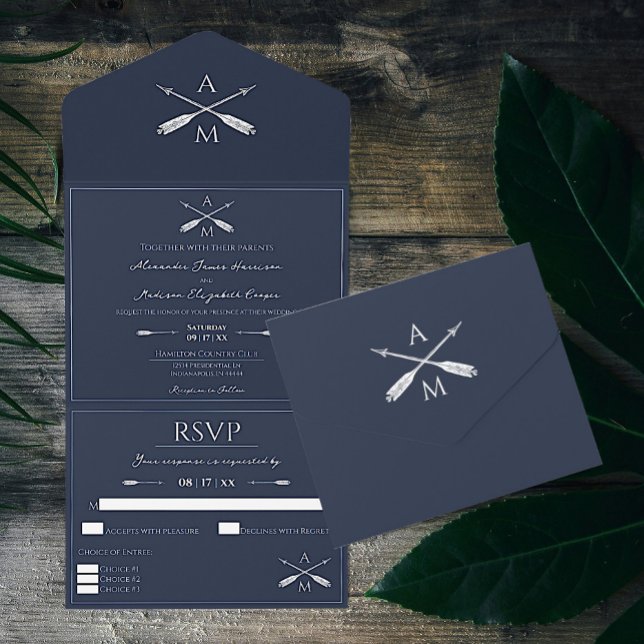 Pilar och Monogram Bröllop | Blå flotta (Navy Blue Arrows and Monograms Wedding All in One Invitation)