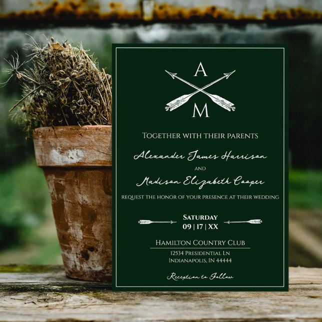 Pilar och Monogram Bröllop | Emerald Grönt Inbjudningar (Emerald Green Arrows and Monograms Wedding Invitation)
