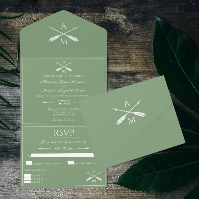 Pilar och Monogram Bröllop | Grönt för massan (Moss Green Arrows and Monograms Wedding All in One Invitation)