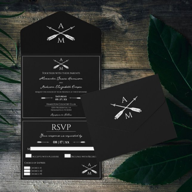 Pilar och Monogram Bröllop | Svart (Black Arrows and Monograms Wedding All in One Invitation)
