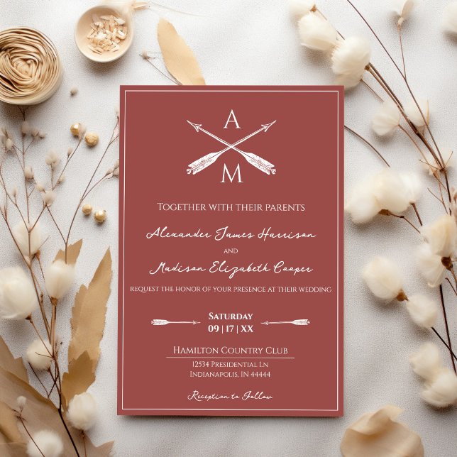 Pilar och Monogram Bröllop | Terracotta Inbjudningar (Terracotta Arrows and Monograms Wedding Invitation)