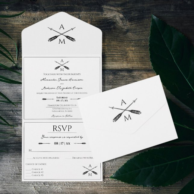Pilar och Monogram Bröllop | Vit (White Arrows and Monograms Wedding All in One Invitation)
