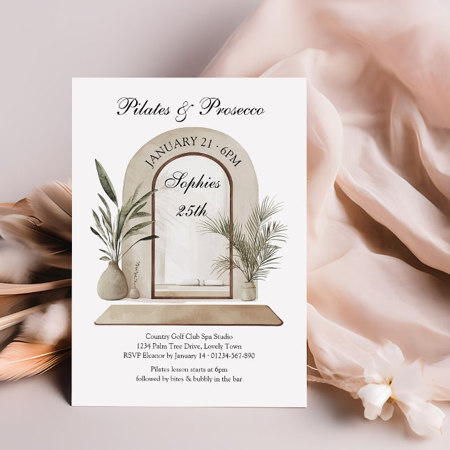 Pilates and Prosecco Wellness Themed Birthday Inbjudningar (Pilates & Prosecco Invitation - bubbly and wellness activity, perfect for birthday, bridal shower ..)