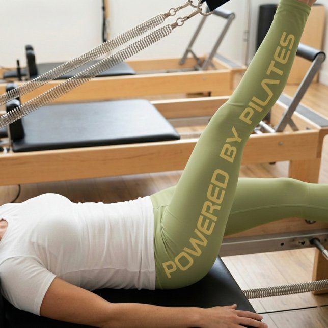 Pilates Monogram Create Your Own Design Olive Leggings (Olive green Pilates leggings worn by a woman on a reformer)
