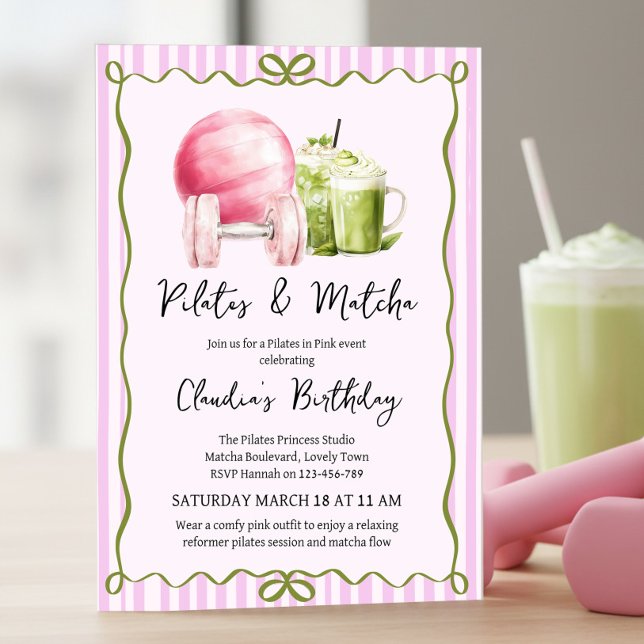 Pilates och Matcha välbefinnande födelsedagsfest f Inbjudningar (Pilates & Matcha birthday invitation .. pilates in pink celebration .. girly wellness event)
