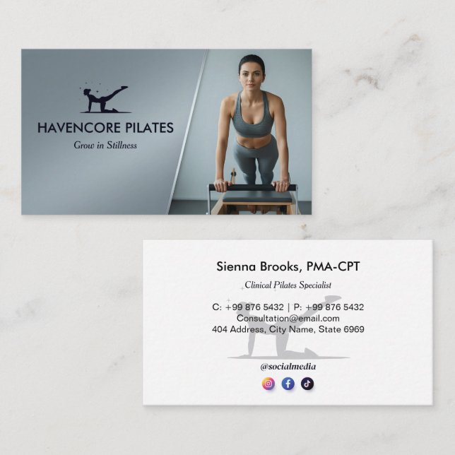 Pilates Studio Business | Modern Gray Barcode Visitkort (Fram/baksida)