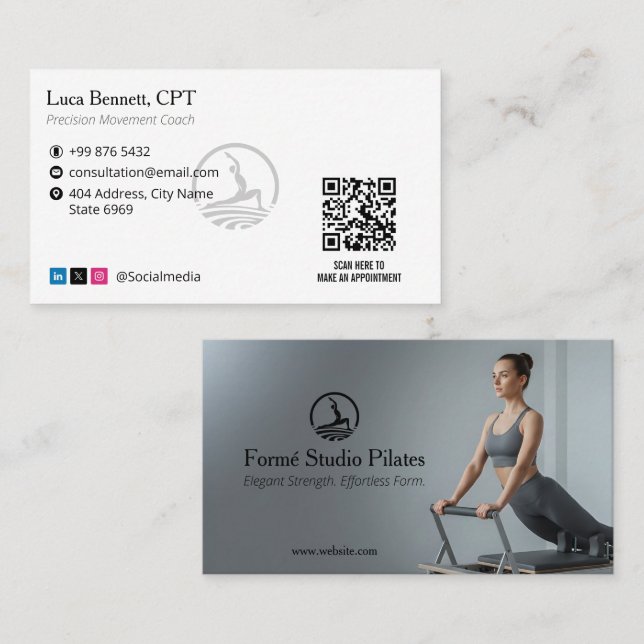 Pilates Studio Business | Modern Gray Barcode Visitkort (Fram/baksida)