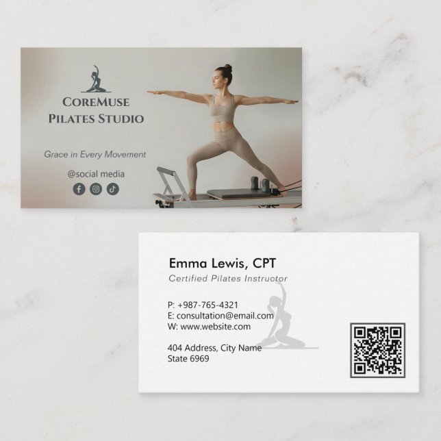 Pilates Studio Business | Natural Gray Visitkort (Fram/baksida)