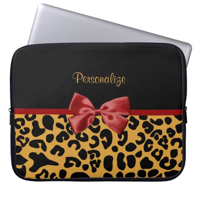 Pilbåge för band för svart och guld- Leopardtryck Laptop Fodral (Framsidan)