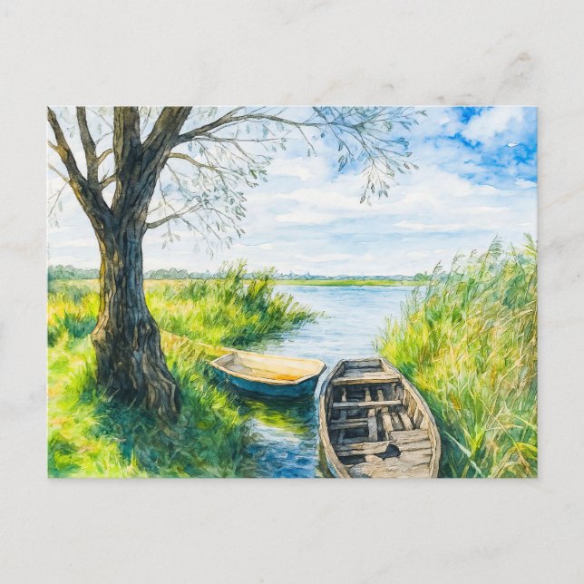 Pilbåtar lugnar floden aquarell havelland helg vykort (Framsida)