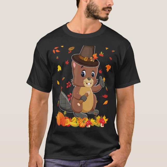 Pilgrim Beaver Happy Thanksgiving Thankful Pumpkin T Shirt (Framsida)