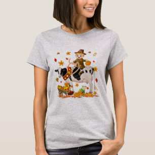 Pilgrim Boy Riding Cow Thanksgiving Pilgrim Boy T Shirt