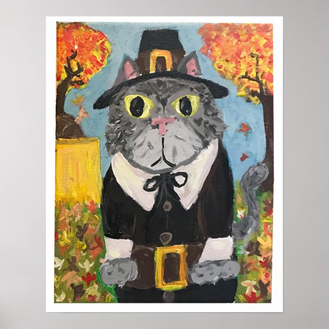 Pilgrim Cat Folk Art Thanksgiving Cat Boy Painting Poster (Framsidan)