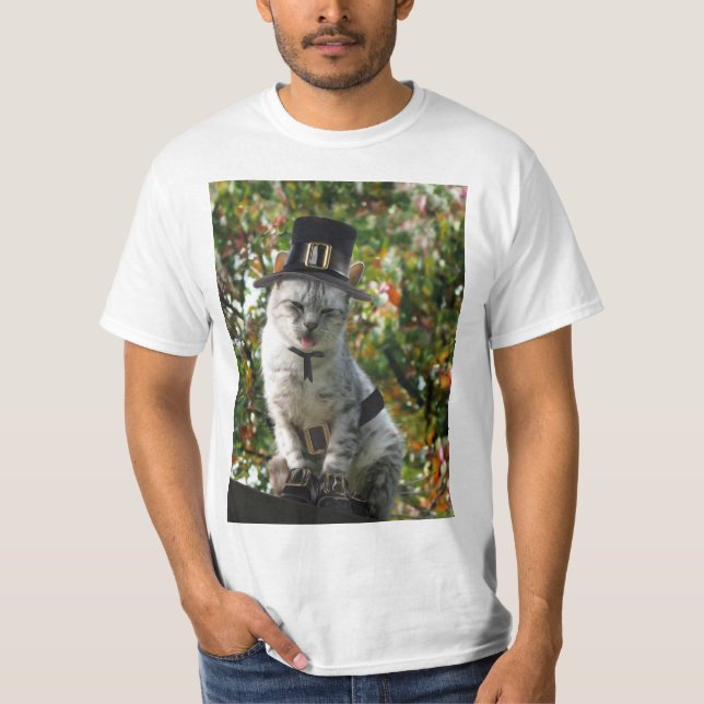 Pilgrim Cat Thanksgiving T Shirt (Framsida)