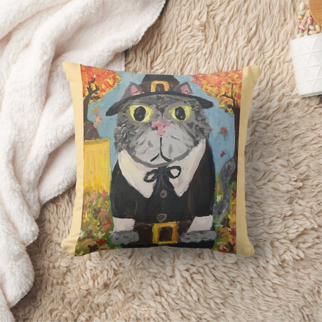 Pilgrim Folk Art Thanksgiving Cats Dubbla Side Kudde (Filt)