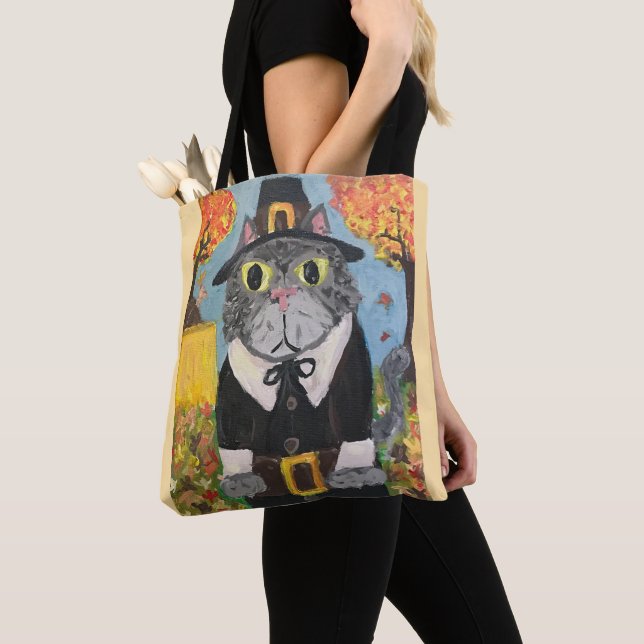 Pilgrim Folk Art Thanksgiving Cats Dubbla Side Tygkasse (Närbild)