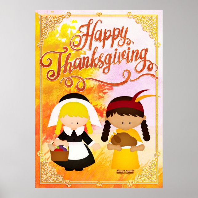 Pilgrim Girl & Native Girl - Happy thanksgiving Poster (Framsidan)