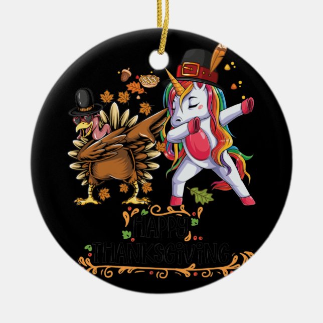 Pilgrim Hat Turkey Unicorn Dabbing Thanksgiving Julgransprydnad Keramik (Framsidan)