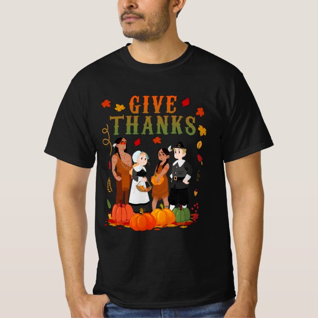 Pilgrim och Natives Indian Thanksgiving T Shirt (Framsida)