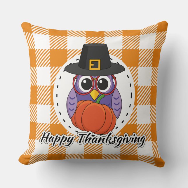 Pilgrim Owl on Orange Plaid - Happy Thanksgiving Kudde (Framsida)