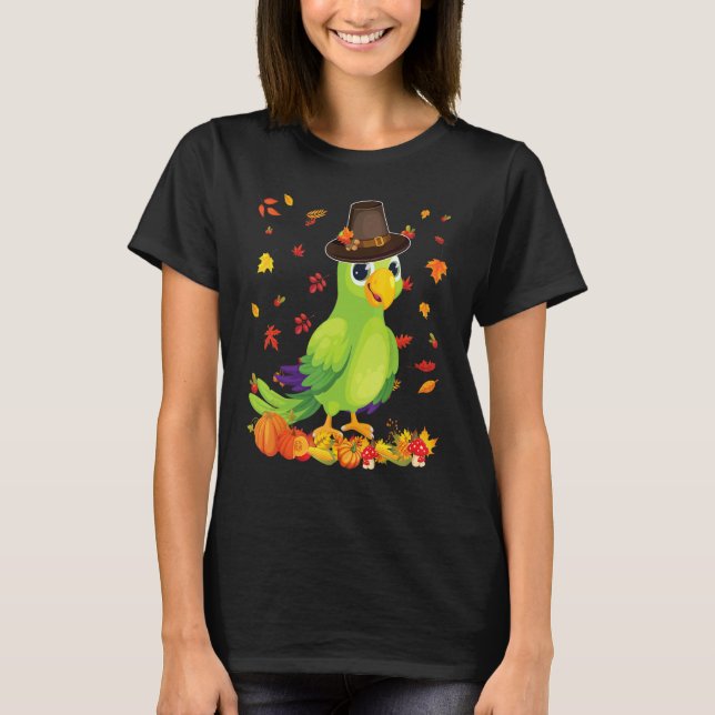 Pilgrim Parrot Happy Thanksgiving Thankful Pumpkin T Shirt (Framsida)