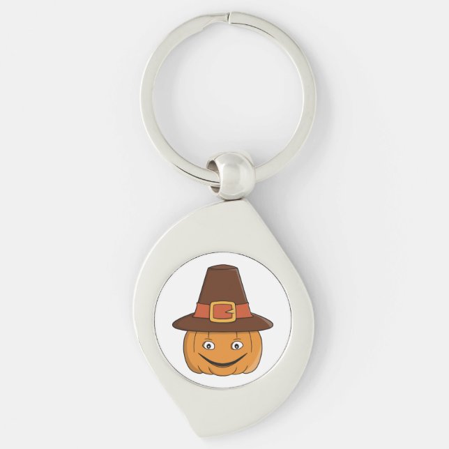 Pilgrim Pumpkin Grin Tackgivningsdag Swirl Silverfärgad Nyckelring (Framsidan)