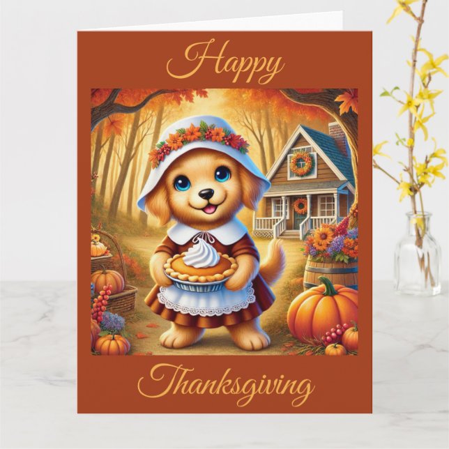 Pilgrim Puppy med Pumpkin Paj på Thanksgiving Kort (Gul blomma)