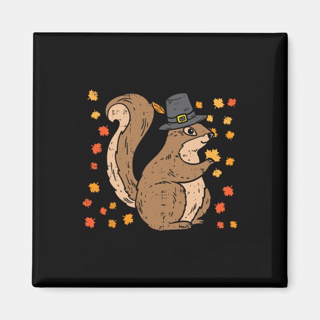 Pilgrim Squirrel Cute Thanksgiving Fall Autumn Ani Magnet (Framsidan)