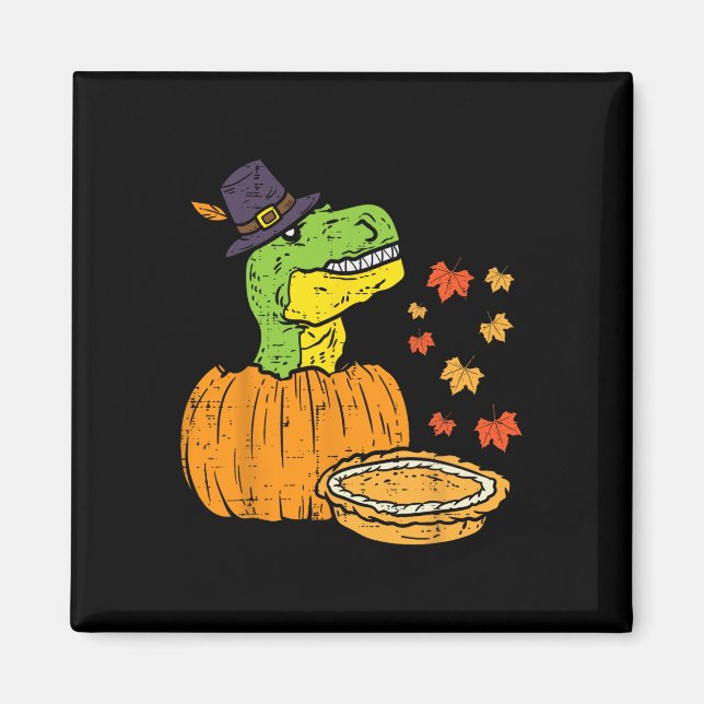 Pilgrim Trex Dinosaur Pumpkin Paj Thanksgiving Kid Magnet (Framsidan)