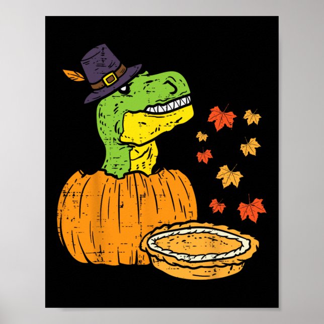 Pilgrim Trex Dinosaur Pumpkin Paj Thanksgiving Kid Poster (Framsidan)