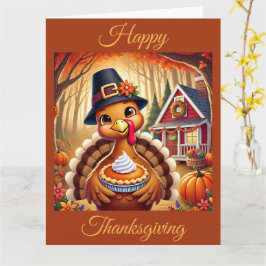 Pilgrim Turkiet med Pumpkin Paj på Thanksgiving Kort