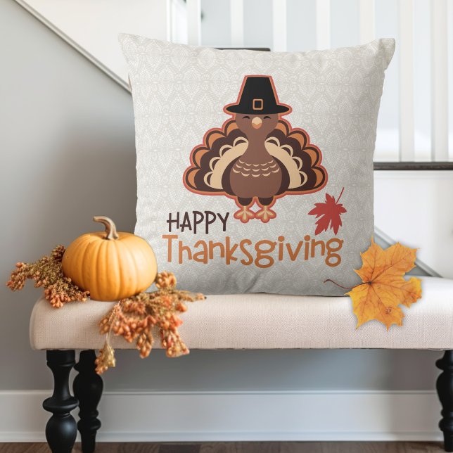 Pilgrim Turkiet Thanksgiving Hälsning Kudde (Pilgrim Turkey Thanksgiving Greetings Throw Pillow)