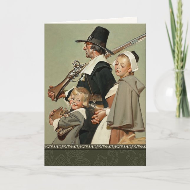 Pilgrimfamiljen. Thanksgivingen vintage Art Helgkort (Framsida)