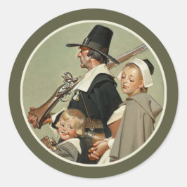 Pilgrimfamiljen. Thanksgivingen vintage Art Runt Klistermärke