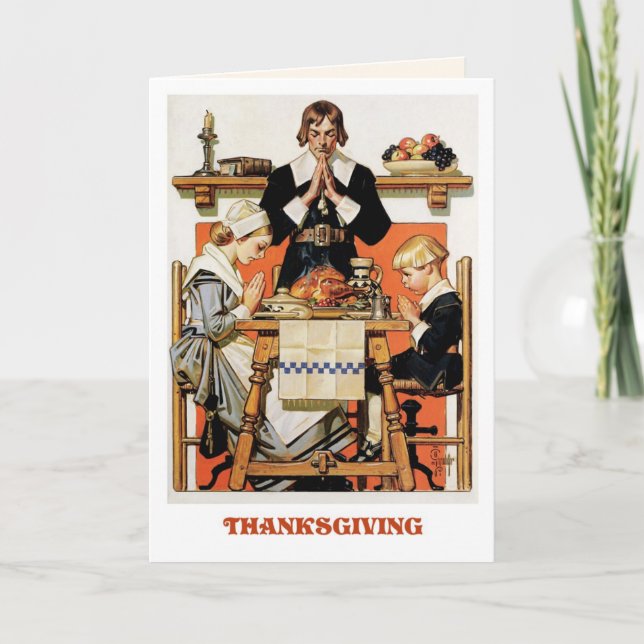 Pilgrimfamiljen. Thanksgivingens hälsningskort Helgkort (Framsida)