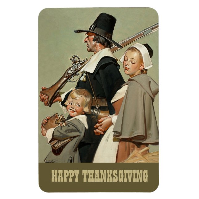 Pilgrimfamiljen. Vintage Art Thanksgiving Gift Magnet (Vertikal)