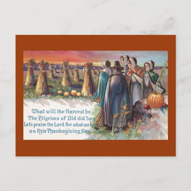 Pilgrims och Pumpkins Vintage Thanksgiving Helg Vykort (Framsida)