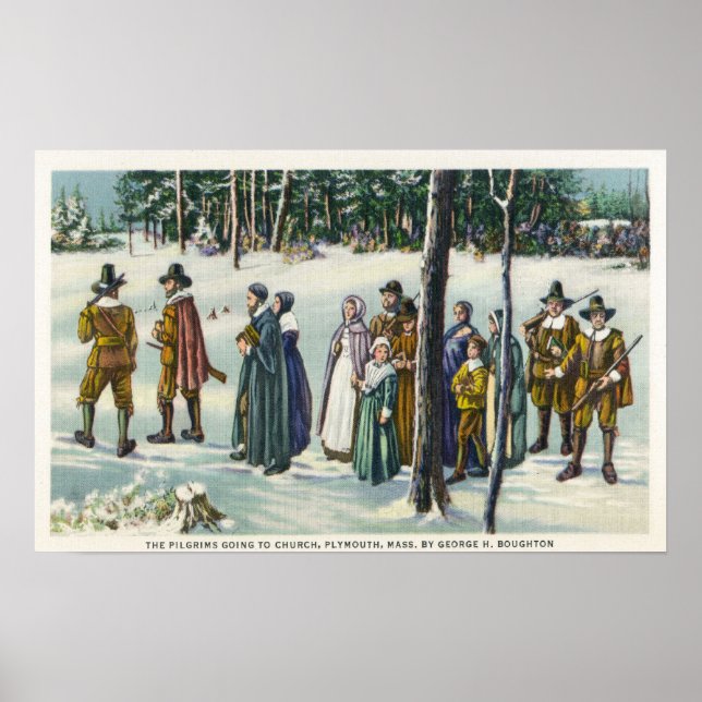 Pilgrims på väg till kyrkan i Snö-scenen Poster (Framsidan)