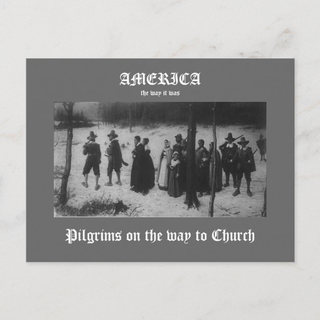 Pilgrims på väg till kyrkan vykort (Framsida)