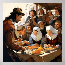 Pilgrims som böjer över Thanksgiving Meal Poster