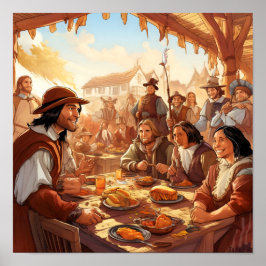 Pilgrims som delar Thanksgiving med vänner Poster